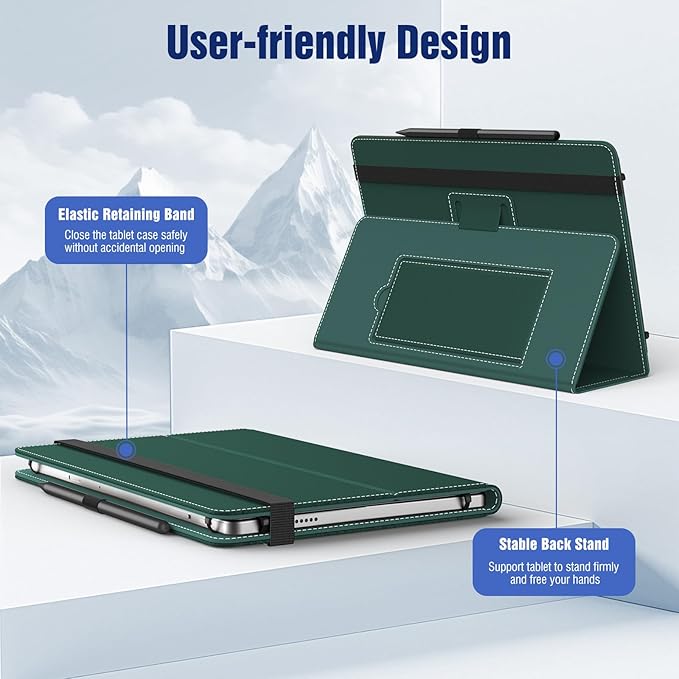 TiMOVO Universal Case for 10.1 Inch Android Tablet with Pen Loop, Lightweight Folding Stand Cover with Hand Strap for All 9.6"-11" Touchscreen Tablet, Midnight Green