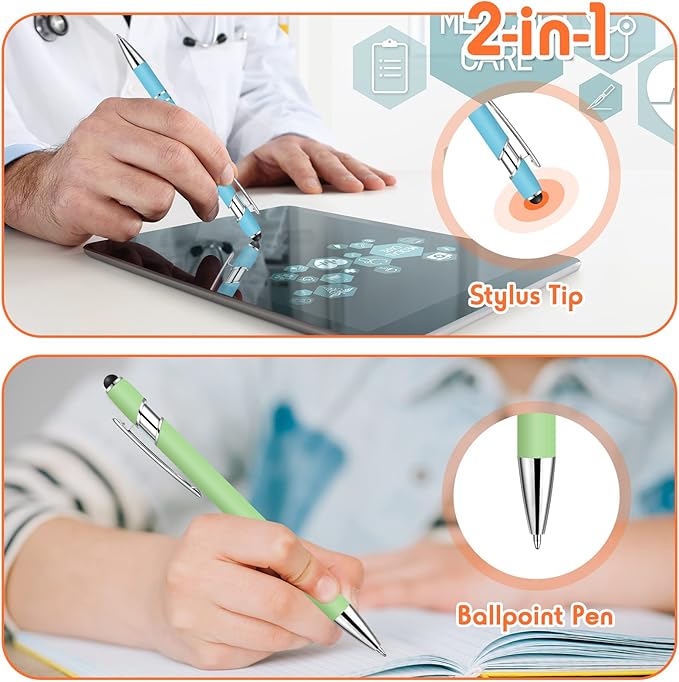 Yeaqee 100 Pieces Ballpoint Pen with Stylus Tip Click, 2 in 1 Black Ink, 1.0 mm Medium Point Stylus Metal Pen for Touch Screen Tablet (Assorted Colors)