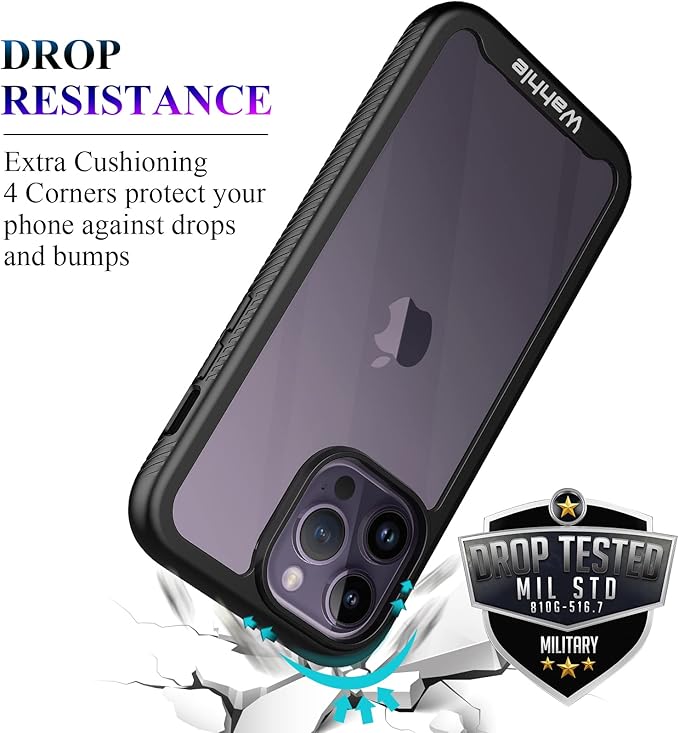 wahhle Compatible with iPhone 14 Pro Max Case, Full-Body Phone Cover with Screen Protector【Built-in, Touch Sensitive, Anti Scratch】 Upgraded Shockproof TPU Bumper Case 6.7 Inches-Black/Clear