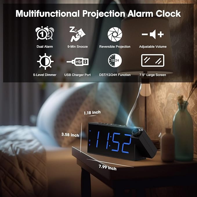 OnLyee Projection Alarm Clock for Bedroom, LED Digital on Ceiling Wall with USB Phone Charging, Battery Backup, 180° Rotatable Projector & Dimmer, 12/24H, DST, Snooze, Dual Loud Bedside Heavy Sleeper