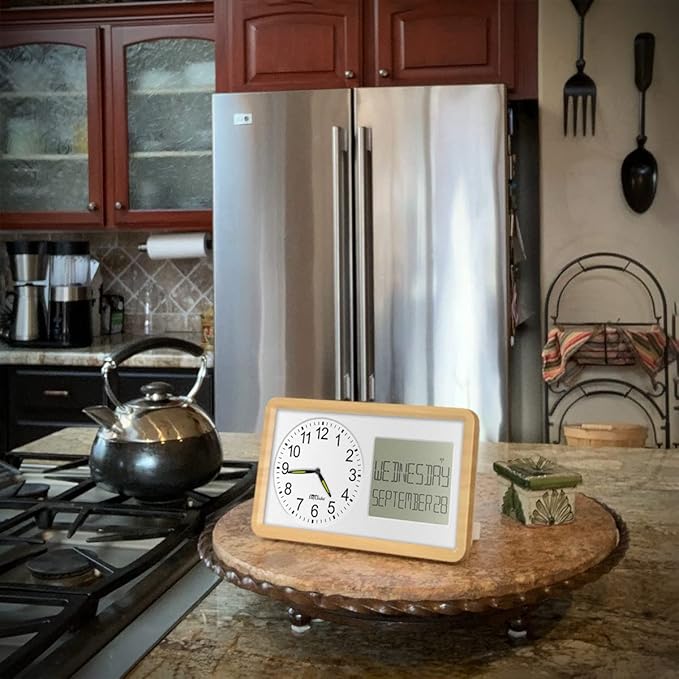 Atomic 10” Clock Combines Analog Time and Digital Display for Day and Date - Battery Powered Soft Display - White with Woodgrain Accent Frame