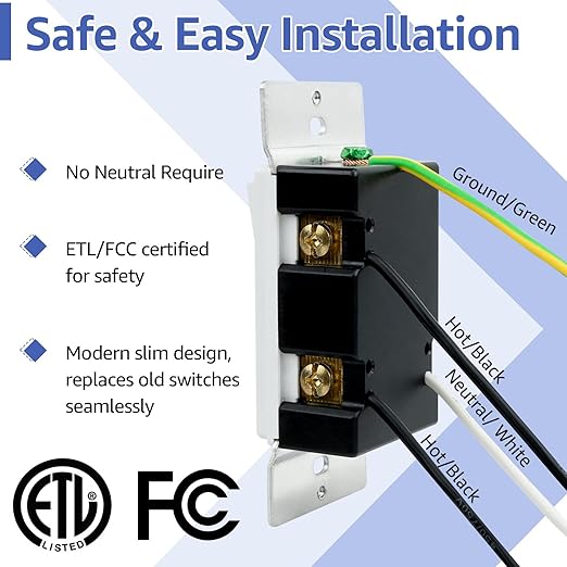1 Pack Dimmer Light Switch for Dimmable LED Light, Single Pole/3-Way,No Neutral Wire Required,Work with LED/CFL (300W Max) & Halogen/Incandescent (600W Max) Bulbs, UL Listed