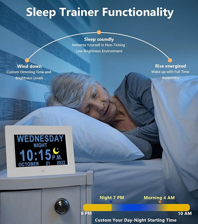 27 Alarms Digital Clock with Voice-Talking Time, Auto DST, 20 Custom Reminders, 10-Level Night Dimmer, Sleep Trainer, Day Date Week Calendar Clock for Seniors Dementia Alzheimers- 7 Inch with Remote