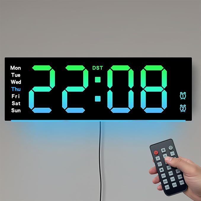 11-Inch LED Wall Clock with RGB Flowing Light, Large Digital Display for Date, Time, Temperature｜Easy to Read, Dual Alarms, Remote Control｜Modern Décor for Home, Kitchen, Living Room, Office, Yoga