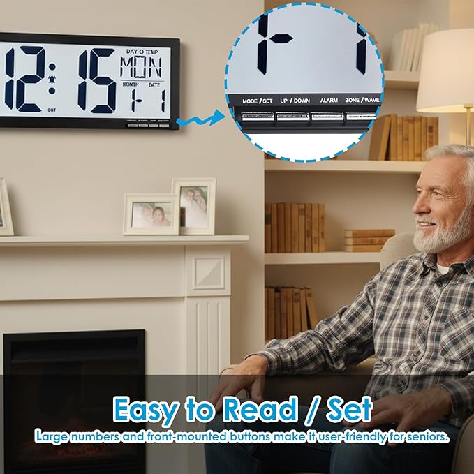 16 Inch Large Digital Wall Clock with Big Easy Read Numbers, Auto DST & Temperature, Jumbo Display with Date & Weekday, Simple Set, Battery Operated, for Living Room Office Classroom Gym or Seniors