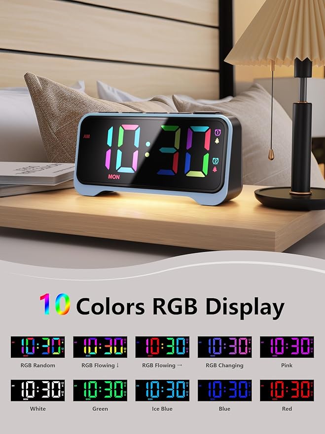 Digital Alarm Clock with RGB Display for Kids & Teens, Dual Alarms, Adjustable Volume, Night Light, USB Charging, Snooze, Battery Backup, for Bedroom, Nursery, Dorm, School