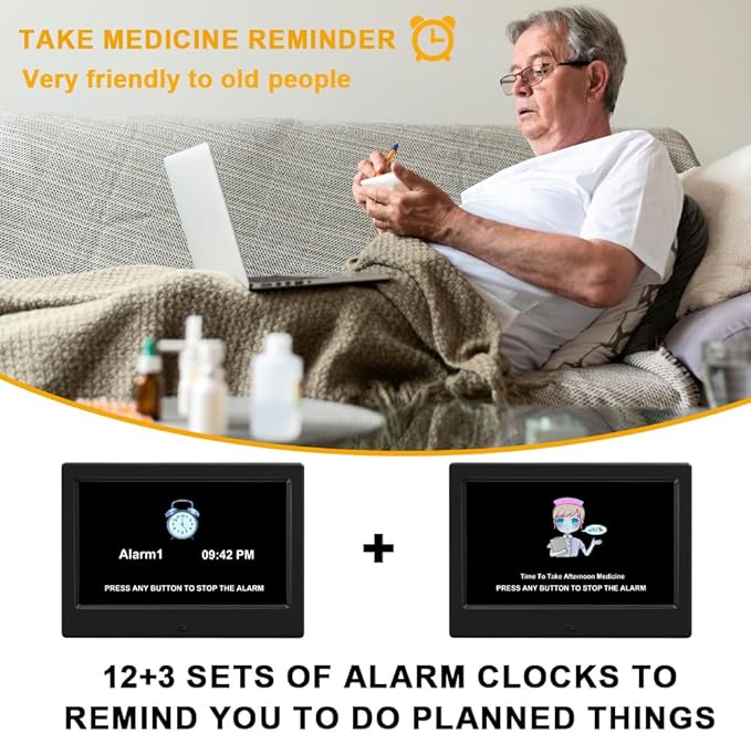 (No Power Adapter Alarm Clock with Day and Date for Elderly 7inch Digital Calendar Clock Photo Frame- Auto Dimmable Display 15 Alarm Options, Clock with Non-Abbreviated Day & Month