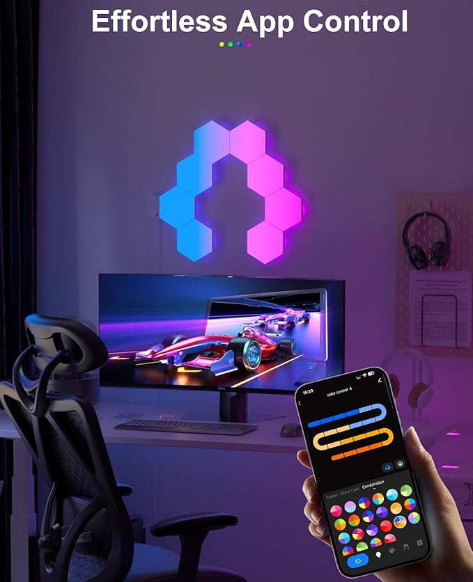 Hexagon LED Lights for Gaming Room 14 DIY Panels Voice App Control Music Sync Wall Decor
