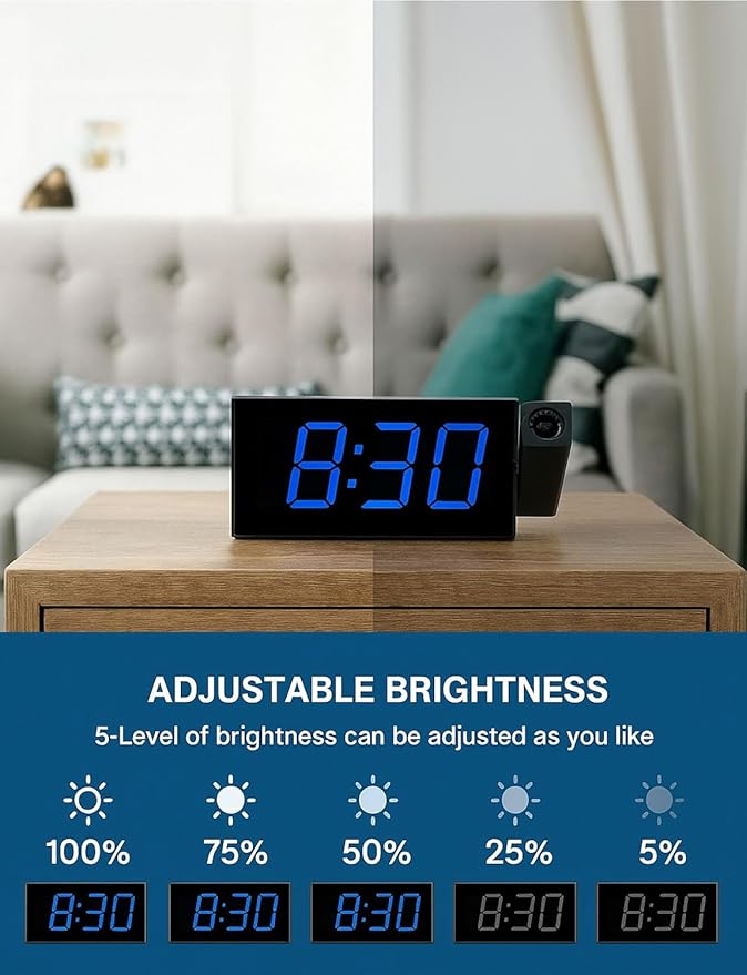 OnLyee Projection Alarm Clock for Bedroom, LED Digital on Ceiling Wall with USB Phone Charging, Battery Backup, 180° Rotatable Projector & Dimmer, 12/24H, DST, Snooze, Dual Loud Bedside Heavy Sleeper