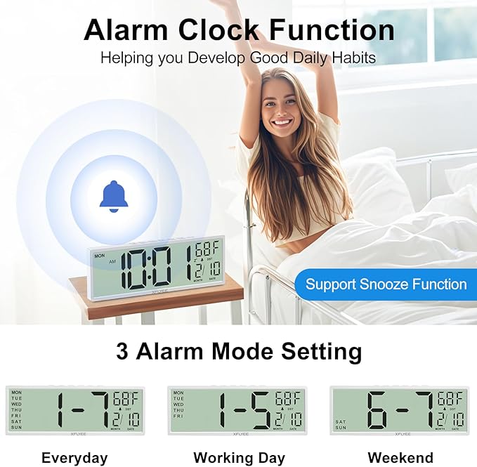 14.5'' Large Digital Wall Clock Battery Operated with Jumbo Numbers, Auto DST, Day, Date, Alarm, Temperature for Living Room, Bedroom, Desk Decor, Gift, LCD Screen Display Easy to Read and Set