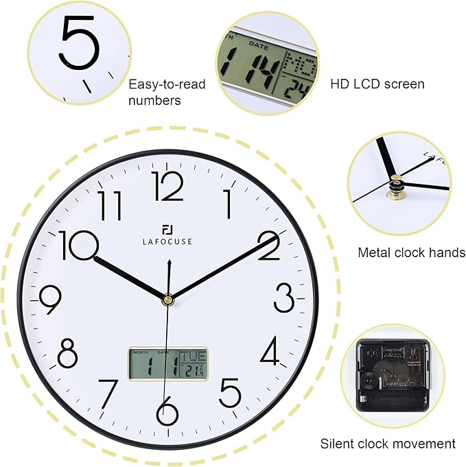 Lafocuse 12 Inch Silent Analog Wall Clock with LCD Display for Calendar and Temperature, Digital Black Wall Clocks with Date and Day Battery Operated Clock for Living Room Bedroom Office