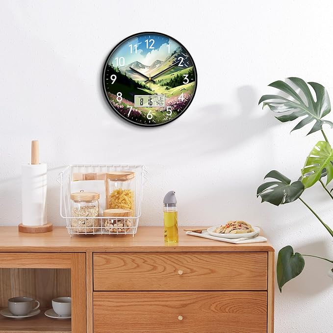 14'' Silent Non-Ticking Rustic Mountain Wildflowers Wall Clock, Battery Operated Analog with LCD Date Day Temp Display, for Living Room Bedroom Farmhouse Cottage Cabin Decor