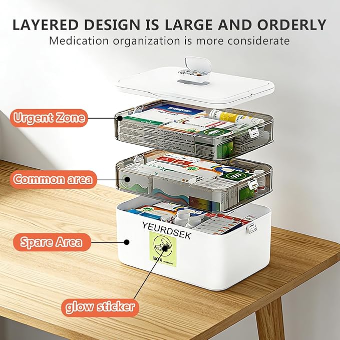 3-Tier Medicine Organizer & Portable Medicine Cabinet - Multifunctional Medical Case with Handle & Snap Locks, Removable 6-Compartment Pill Organizer, Storage Box for Home & Travel, with Glow Sticker