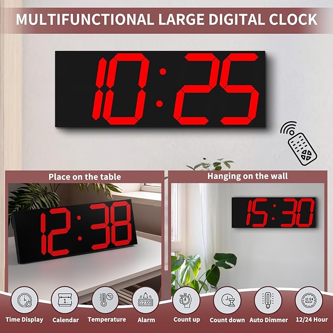 CHKOSDA 18.7‘’Large Digital Wall Clock,LED Digital Clock with Big Number,Multi-Function Remote Controlled Wall Clock with Timer, Alarm and Calendar Display(Red)