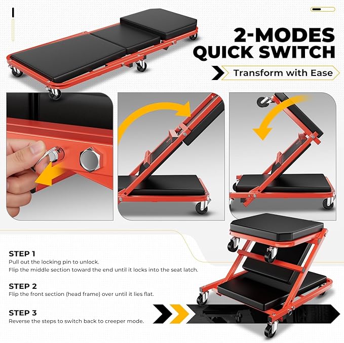 Auto Dynasty 36" Z-Creeper Seat, 2-in-1 Foldable Garage Creeper Shop Seat, 330 LBS Capacity Automotive Mechanic Repair Under Car Rolling Creeper Seat, Red