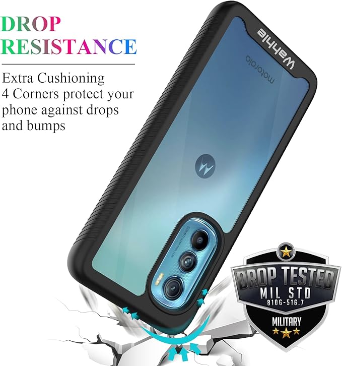 wahhle Compatible with Motorola Edge 2022 Case, Built in Screen Protector Full Body Shockproof Slim Fit Bumper Protective Phone Cover for Edge 5G UW 2022 Men Women-Black/Clear [Not for Edge Plus]