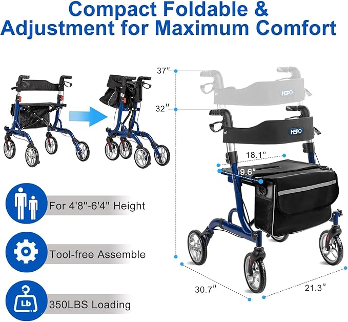 HEPO Rollator Walkers with Ergonomic Seat for Seniors,Foldable Rolling Walker with 8" All Terrain Wheels, Handles and Brakes for Seniors and Adult