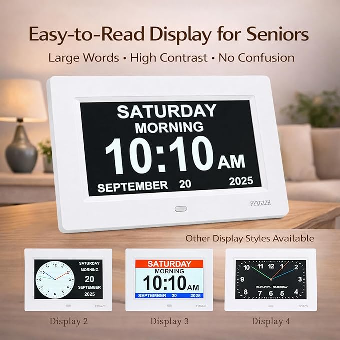 Large Display Digital Dementia Clocks for Seniors, 7'' Day Date Time Calendar Clock for Elderly, Simple Setup, 19 Alarm Reminders, Adjustable Brightness, DST