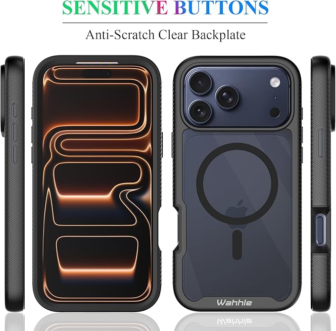 wahhle Compatible with iPhone 17 Pro Max Case, Magnetic Built in Screen Protector Full Body Shockproof Slim Fit Bumper Protective Phone Cover Men Women 6.9"-Black/Clear