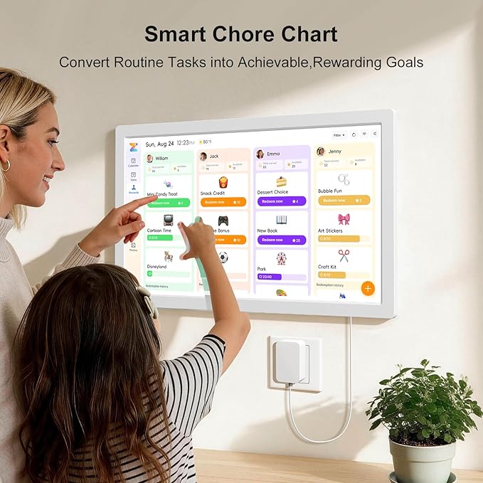 JSUSOU 24 Inch Magnetic Digital Smart Calendar for Refrigerator - Free APP & Touch Screen Chore Chart, Family Schedule Organizer & Interactive Electronic Calendar, Fridge/Wall Mountable, White