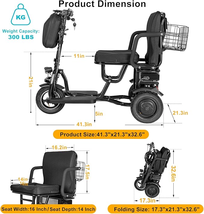 3-Wheel Foldable Mobility Scooter for Adults and Seniors, 300 lbs Capacity, Long-Range Lithium Battery, Lightweight with Basket