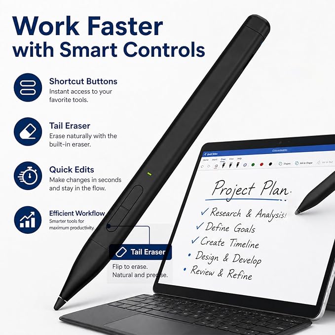HATOKU Stylus Pen for Microsoft Surface: Slim Pen with 60H Long Battery - 4096 Pressure Sensitivity - 40min Fast Charging MPP2.0 Active Pencil for Surface Pro 11 10 X Laptop Studio Business Take Notes