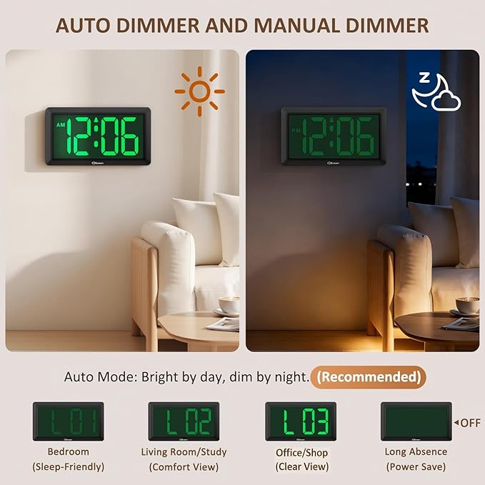 Soobest 9.5 Inch Large Digital Wall Clock Battery Operated, Auto & Manual Dimmer Display, Easy to Read Big Digits with Alarm for Seniors, Modern Decor for Living Room, Bedroom, Office (3.2" Numbers)