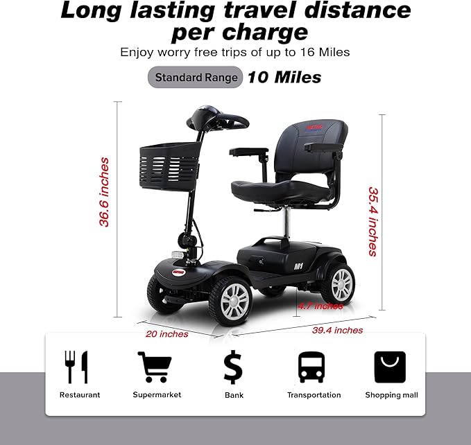 Metro Mobility 4 Wheel Electric Mobility Scooters for Adults - 300 lbs Capacity Folding Mobility Scooter for Seniors, Travel - Long Range Power Extended Battery - Black