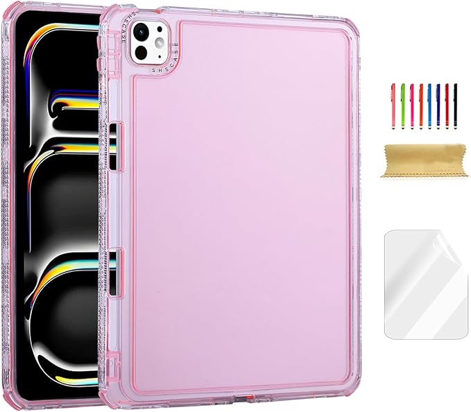 Dteck for iPad Pro/Air 13" (M5/M4/M3/M2), Pro 12.9" (6th/5th/4th/3rd Gen) Clear Case with Pencil Holder/Screen Protector Film/Stylus, 3 Layers Protective Lightweight Slim Transparent Back Cover, Pink