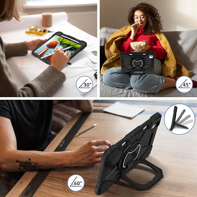 Dteck for iPad Pro 11 inch (M4/M5) 2024/2025 Release Shockproof Case with Shoulder Strap/Pencil Holder/Rotating Kickstand Handle, Heavy-Duty Sturdy Rugged Cover, Protective Hard Tablet Shell, Black