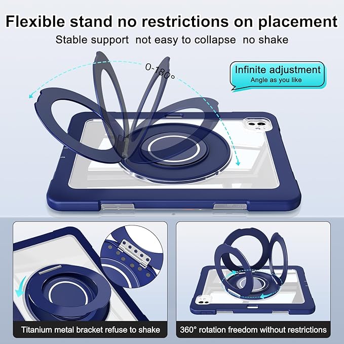 Dteck for iPad Pro 11 inch (M4/M5) 2024/2025 Release Shockproof Clear Case with Stylus Pencil Holder/Rotating Kickstand/Swivel Handle, Lightweight Protective Slim Transparent Tablet Cover, Dark Blue