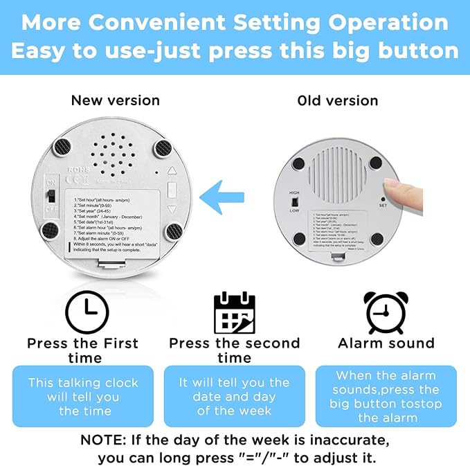 Talking Button Clock, Talking Alarm Clock with Volume Control, Telling Time and Day of The Week, Alarm, Gift Clock for Mother,Father,Seniors,Elderly,Blind People, Blue