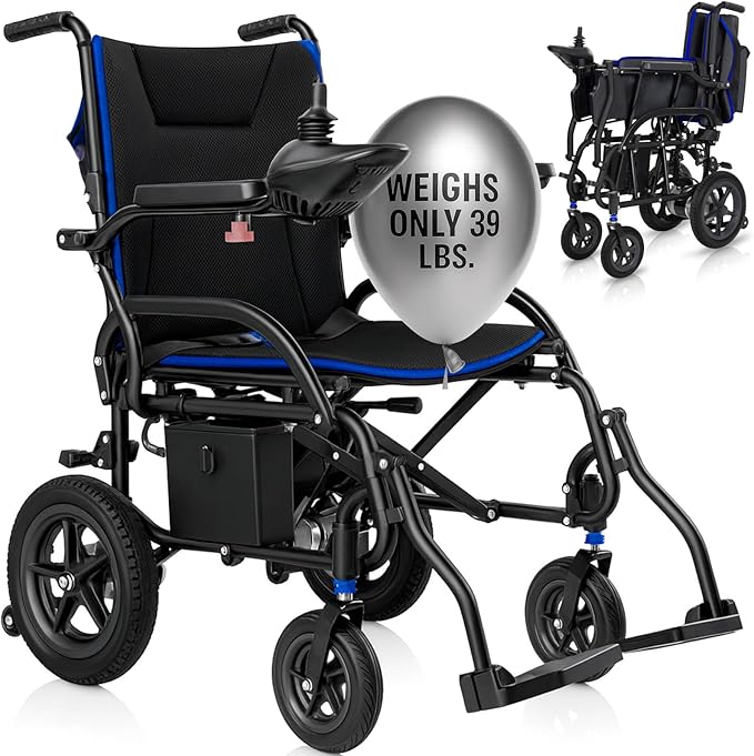 Vive Ultra Lightweight Electric Wheelchair for Adults - Foldable Power Wheel Chair - Collapsible, Folding, Ultralight, Motorized, Light Weight Travel Senior Folding Mobility Aid - Weighs Just 39 lbs