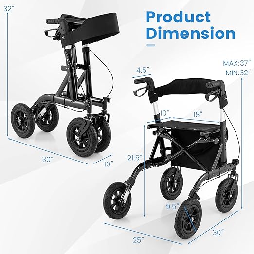 GOFLAME All-Terrain Rollator Walker w/Pneumatic Tires, Foldable Outdoor Walkers w/Seat, Backrest, 32"-37" Adjustable Height & Storage Bag, Lightweight Aluminum Walker for Seniors & Adults, Black