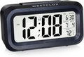 Westclox Digital LCD Alarm Clock with Large 1.4" Display, White Backlight on Demand, Month/Date and Temperature Display, Ascending 5-Minute Snooze Alarm – Bedroom or Office (Black)