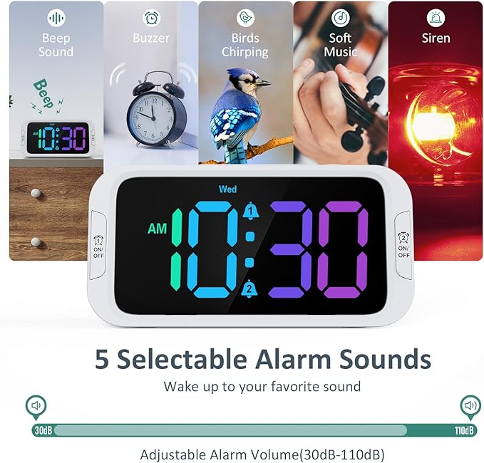 Odokee Dual Colorful Alarm Clock for Kids Bedroom - 0-100% Dimmer, 5 Alarm Sounds, USB Charger, Easy to Set, Weekday/Weekend Mode, Snooze, 12/24Hr, Battery Backup, Digital Clock for Teens Boys Bedside