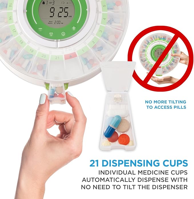 LiveFine Automatic Pill Dispenser 21 Compartments LCD Display Key Lock for Seniors
