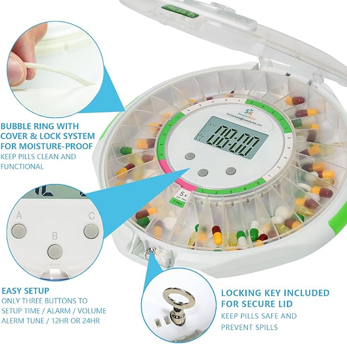 Automatic Pill Dispenser with Lock for Caregivers | 28-Day Medication Organizer for Seniors | 6 Daily Alarms & Flashing Light Reminder - No App or WiFi Needed