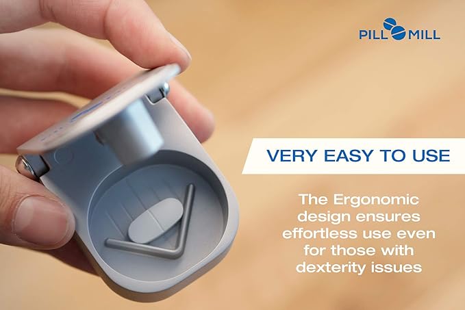 Pill Cutter Splitter with Pill Box by Pill Mill - Blade that Will Never Dull - Grip Handle Cuts Small or Large Pills with Ease - Light and Durable Tablet Divider - Perfect Medicine Slicer for Travel