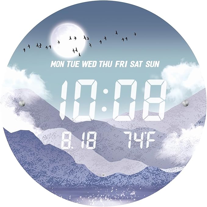 12'' Smart LED Wall Clock, Moonlight Cloudscape Art, Radar & Voice Activated, 7 Level Brightness Auto Dimming, Large Display with Temp Date Day, 12/24H, Rechargeable for Bedroom Living Room