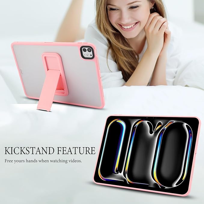 Dteck for iPad Pro 13-inch (M4/M5) 2024/2025 Release Clear Case with Foldable Kickstand, Screen Protector Film, Stylus, Slim Fit Lightweight Protective Thin Transparent Tablet Back Cover Shell, Pink