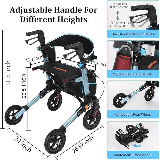 Foldable Rollator Walkers with Seat for Seniors, Lightweight All Terrain Rolling Walker with seat, Aluminum Walkers with 8 inch Rubber Wheels, Handles and Backrest (Blue)