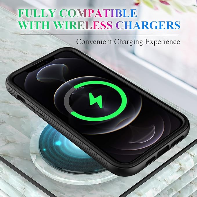 wahhle Compatible with iPhone 12 Pro Max Case, Built in Screen Protector Full Body Shockproof Slim Fit Bumper Protective Phone Cover 6.7'' Men Women-Black/Clear