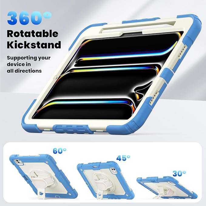 Dteck for iPad Pro 11 inch (M4/M5) 2024/2025 Release Shockproof Case with Screen Protector/Stylus Pencil Holder/Rotating Kickstand/Grip Hand Strap, Heavy Duty Protective Rugged Tablet Cover, Blue