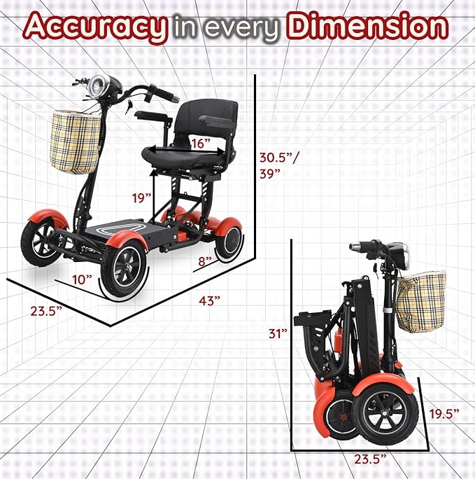 Dragon Mobile EX 4 Wheel Foldable Mobility Scooter for Adults, Elderly & Travel - All Terrain Aluminum Alloy Power Wheelchair with Premium Large Seat - Front Basket Included (Matte Red)