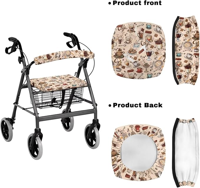 3 Pcs Sets Rollator Walker Accessories Coffee Print Universal Fit Walker Seat Cover Rollator Walker Seat & Backrest Covers, Rollator Storage Under Seat Bag