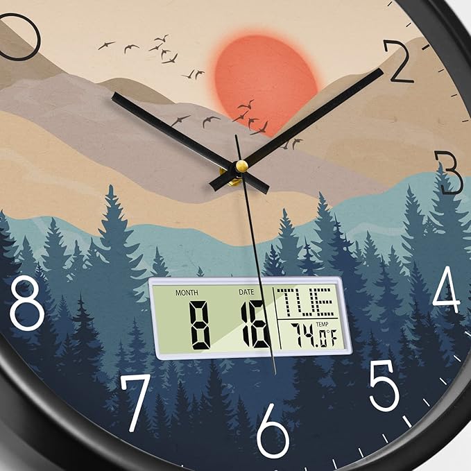 14'' Silent Non-Ticking Wall Clock, Mid-Century Modern Wilderness Sunset, Battery Operated Analog with LCD Date Day Temp Display, for Living Room Home Office Bedroom Garage Farmhouse Decor