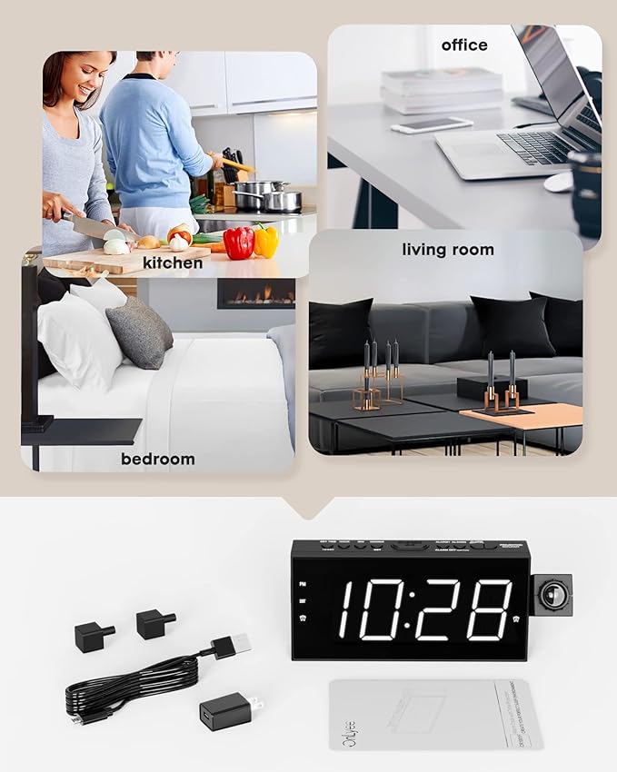 OnLyee Ceiling Projection Alarm Clock, 7" Large Display Digital Clock for Bedroom with USB Charger, 180° Rotatable Projector, Loud Alarm, Snooze, DST, 12/24H Dimmer – for Kids Adults Elders