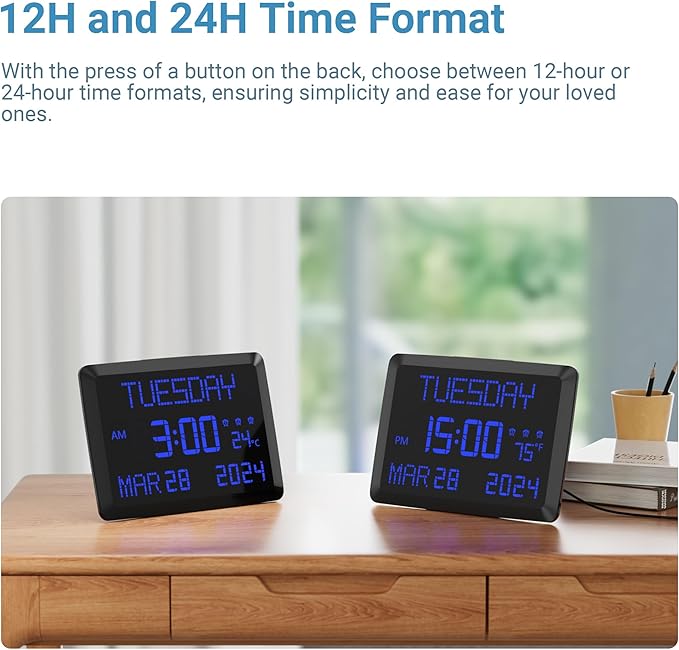 11.5” Extra Large Digital Wall Clock with Date and Day of Week , Electric Desk Clock for Seniors, Large Display Alarm Clock for Bedroom with Battery Backup, 5 Dimmer, 2 USB Ports, Indoor Temp, 12/24H