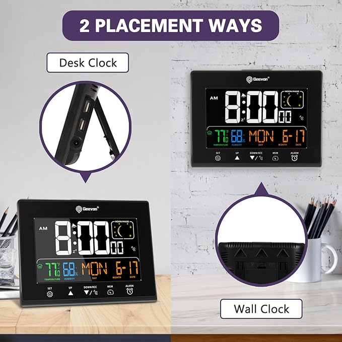 Geevon Digital Atomic Alarm Clocks for Bedrooms with 2 USB Ports, Color VA Display Atomic Clock with Indoor Temperature and Humidity, DST, Calendar, and Moon Phases for Seniors Elderly